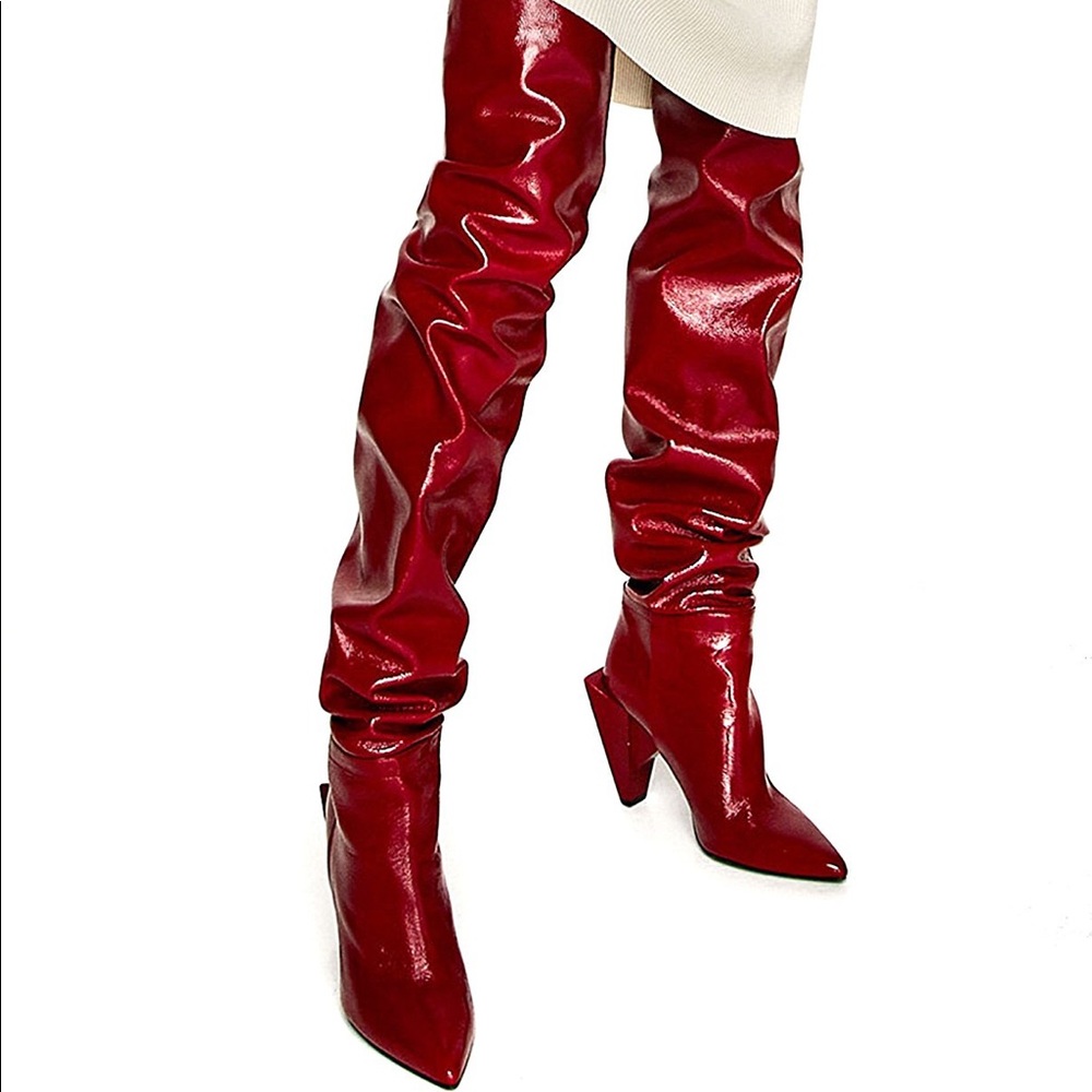 SOLD! NWT Zara Red Patent Leather Knee High Boots - Picture 5 of 8